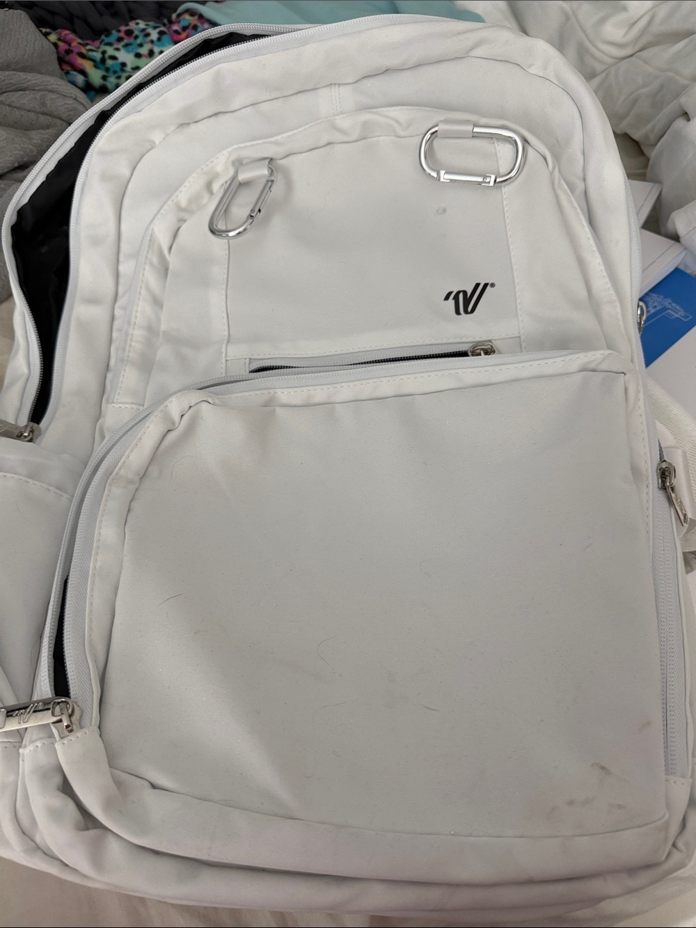 Varsity Shimmer White Backpack with Minimal Logo and Front Organizer